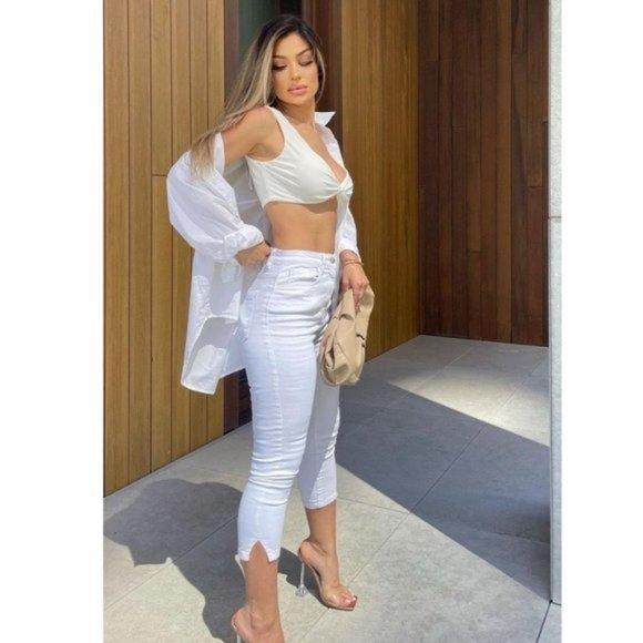 White High Waist Split Hem Skinny Capri Jeans Denim Pants - Picture 4 of 12